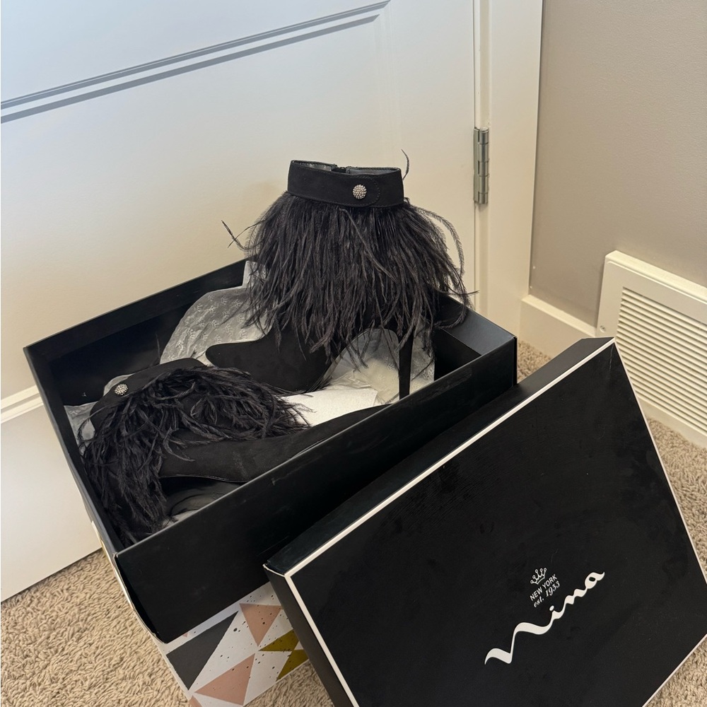 Nina Black Feathered Boots